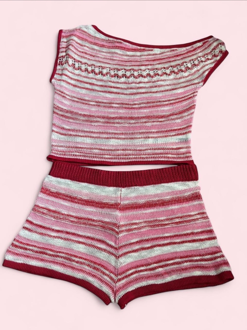 SHEIN Pink Red Striped Knit Tank Top and Shorts Set